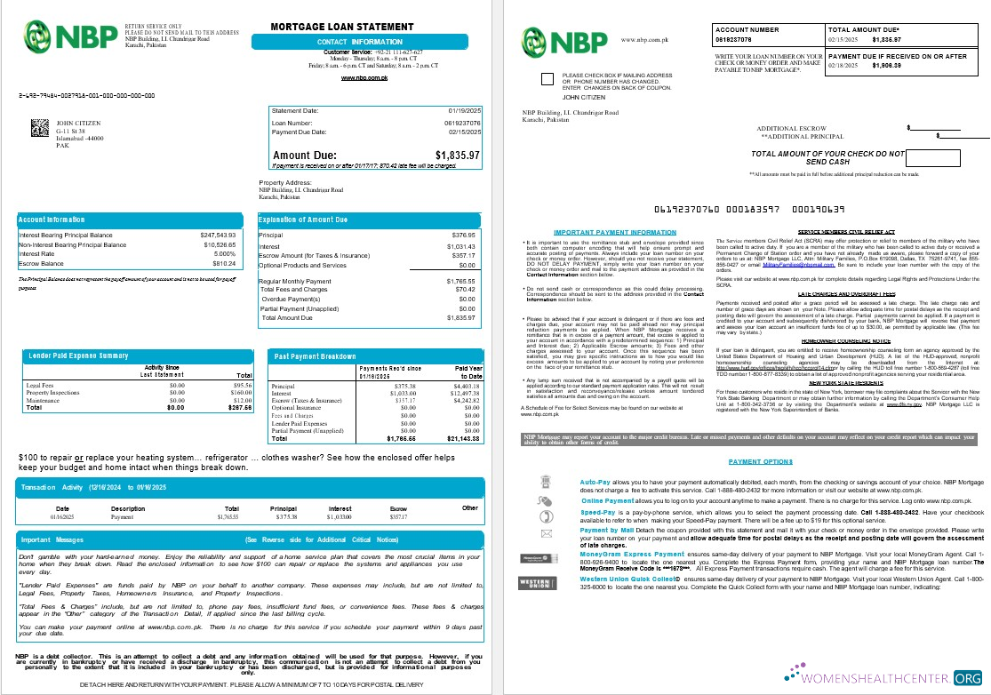 Download Pakistan NBP mortgage loan statement in Word and PDF formats , 8 pages 1 2 Photoshop template